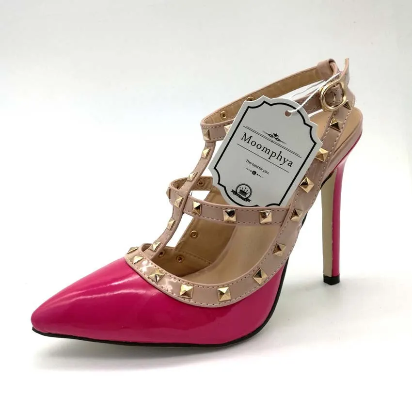 Plus Size High heels shoes woman Ladies Sexy Pointed Toe pumps Buckle rivets nude heels dress wedding shoes 11.5cm