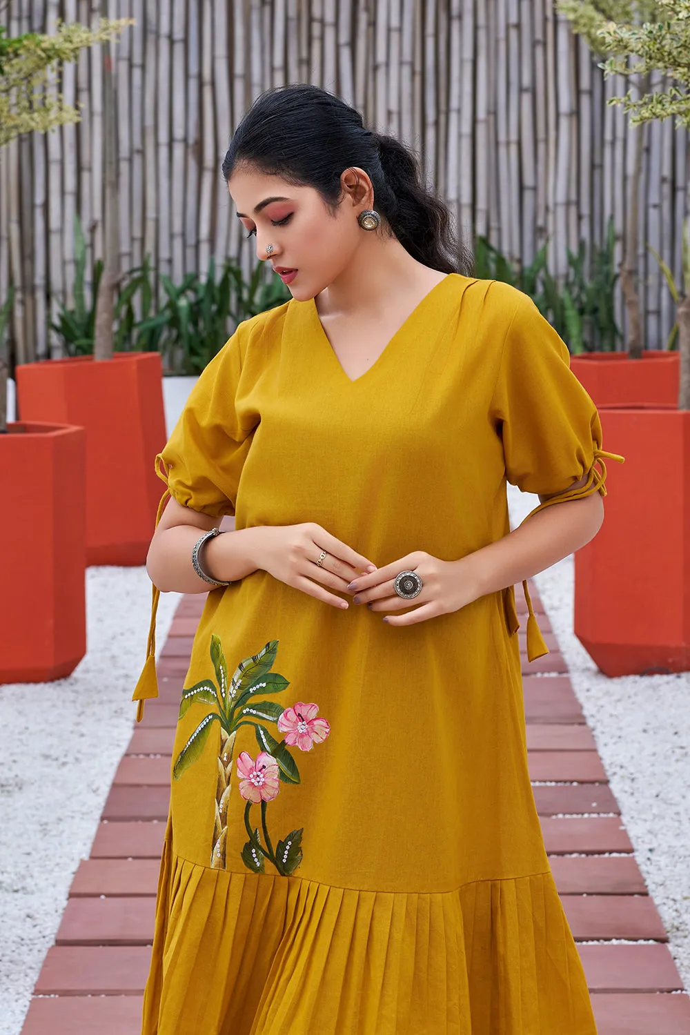 Plus Size Mustard Hand painted Cotton Flared Dress-CL-SW-3049