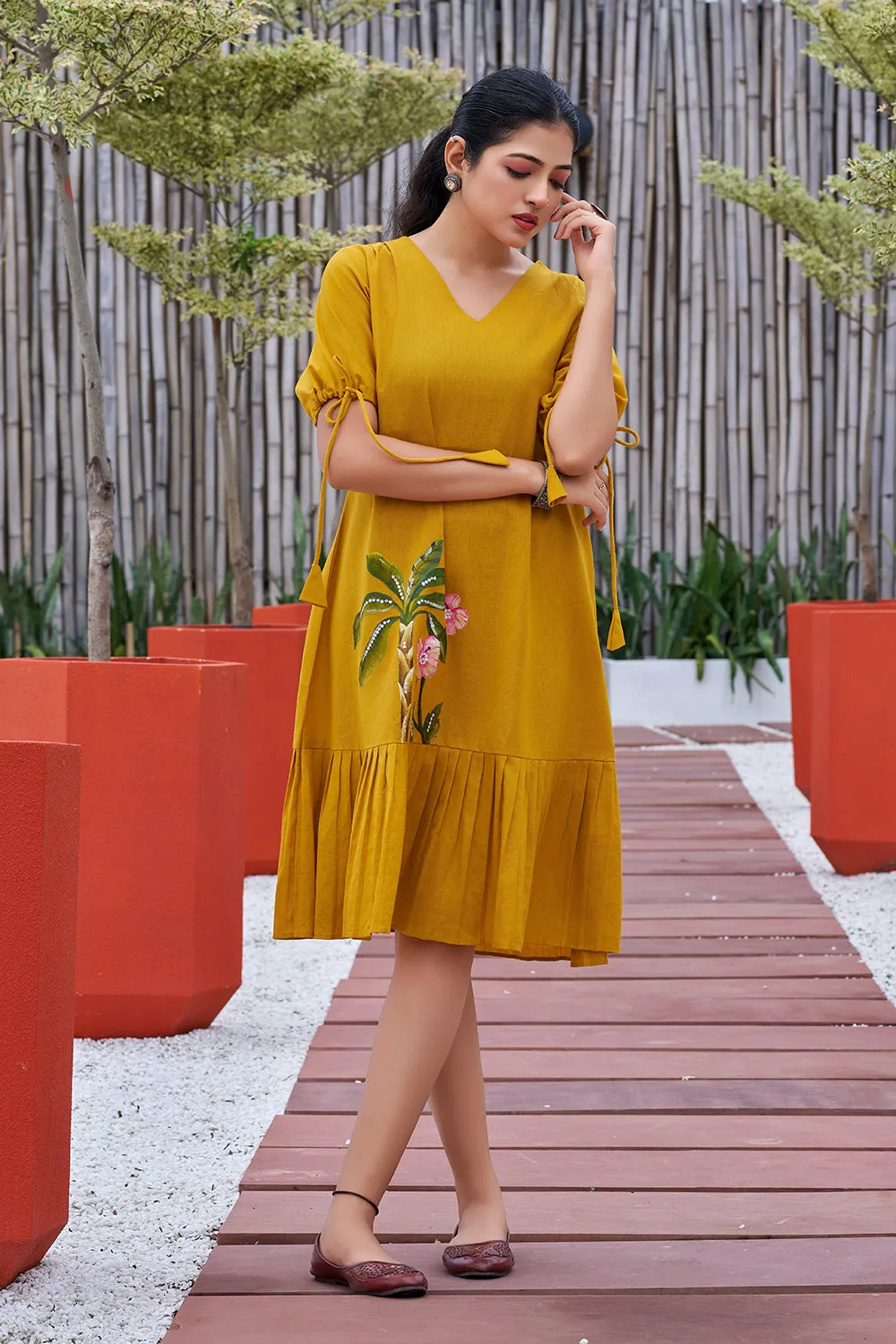 Plus Size Mustard Hand painted Cotton Flared Dress-CL-SW-3049