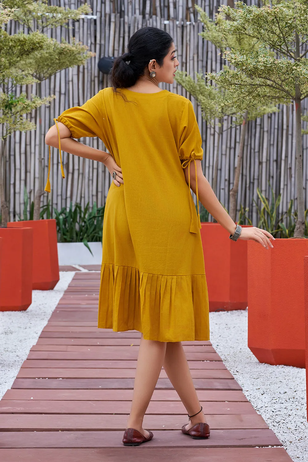Plus Size Mustard Hand painted Cotton Flared Dress-CL-SW-3049