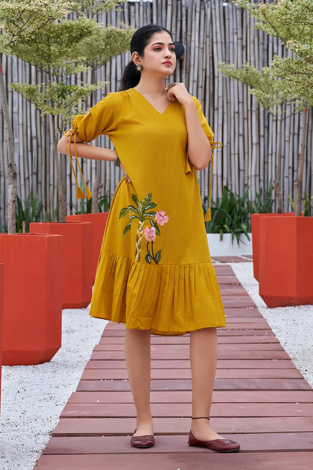 Plus Size Mustard Hand painted Cotton Flared Dress-CL-SW-3049