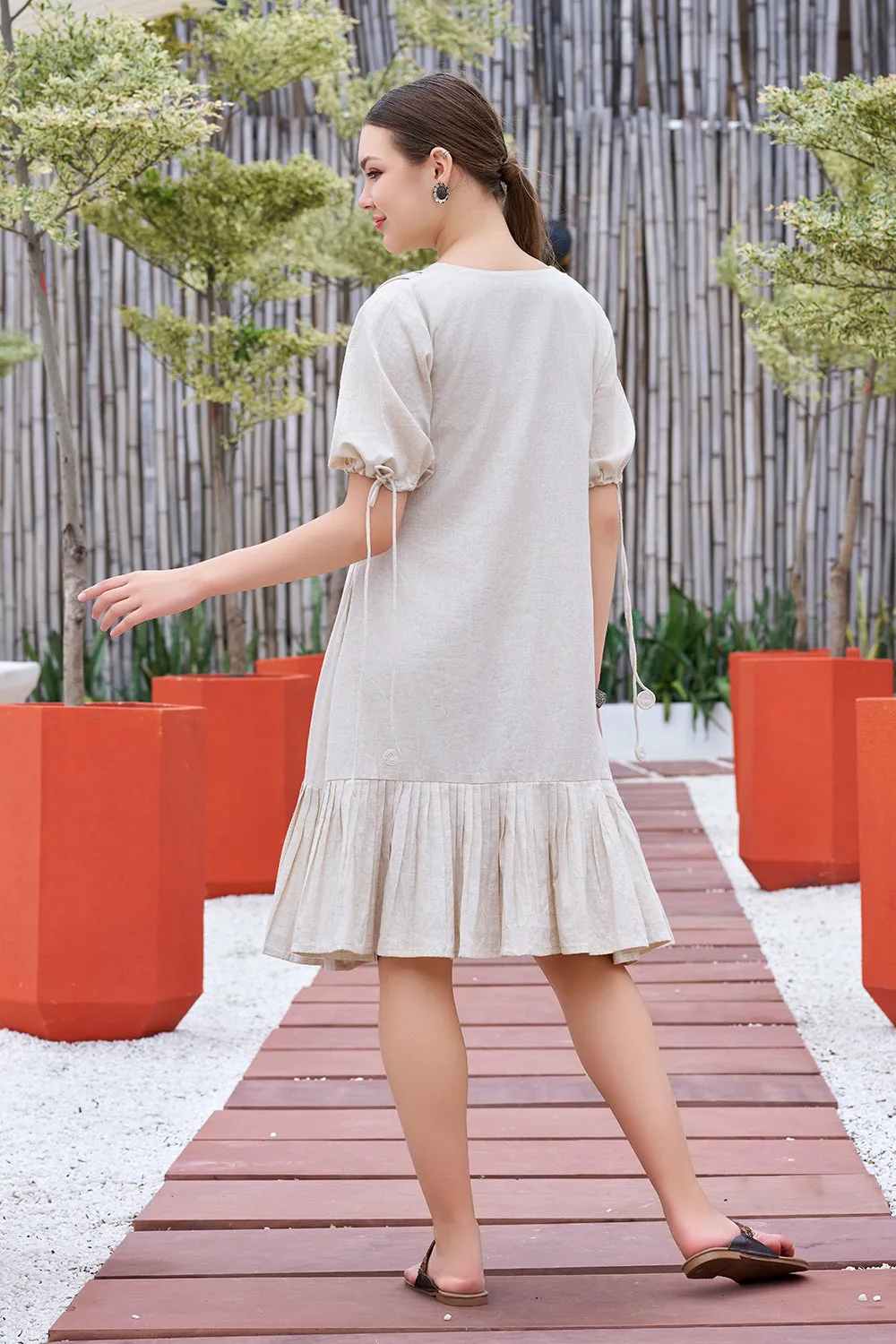 Plus Size Off White Hand painted Cotton Flared Dress-CL-SW-3048