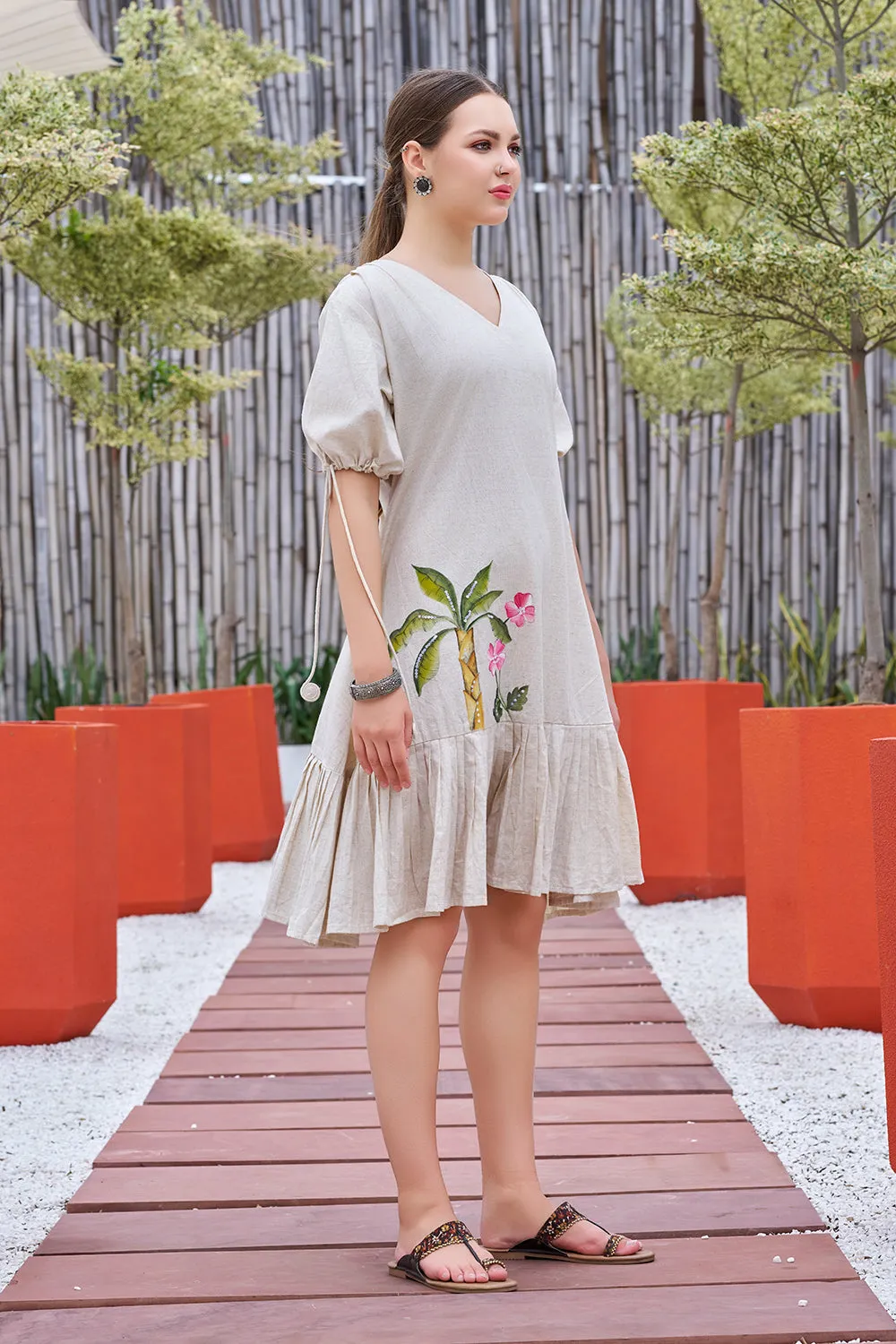 Plus Size Off White Hand painted Cotton Flared Dress-CL-SW-3048