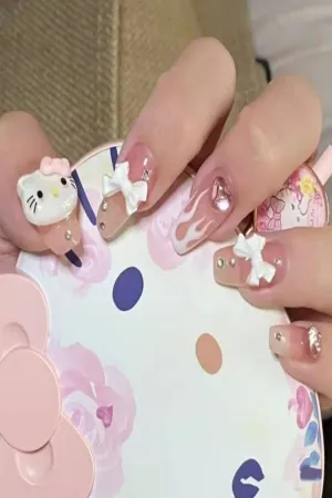 Press On Nails Pink Glossy French Coffin Crystal Nail Kit