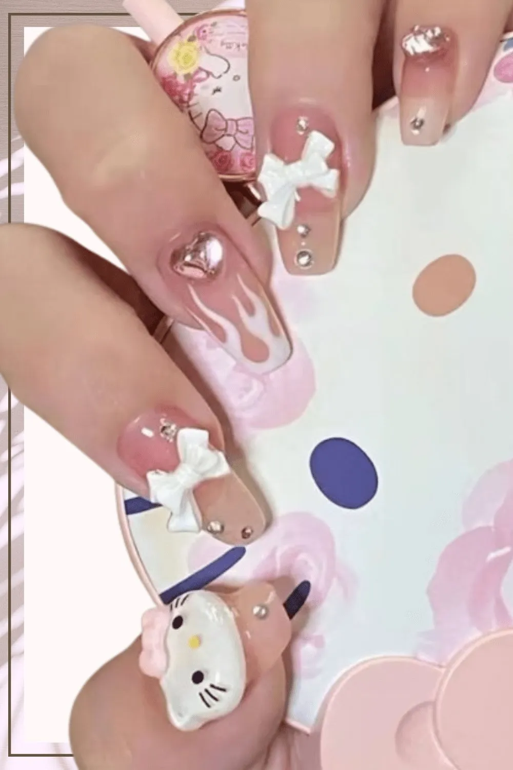 Press On Nails Pink Glossy French Coffin Crystal Nail Kit