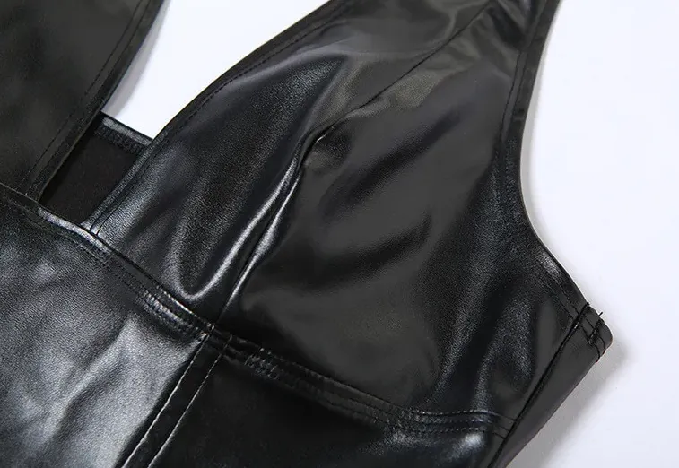 Rebel Faux Leather Halter Crop Top & High-Waist Shorts Set