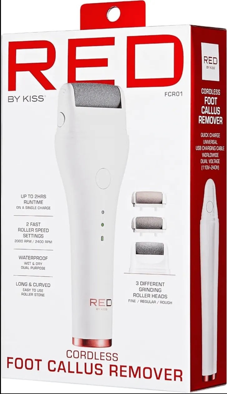 Red by Kiss Cordless Foot Callus Remover – Dual-Speed Pedicure Tool w/ 3 Rollers, Curved Head, Wet & Dry Use, 2-Hour Runtime