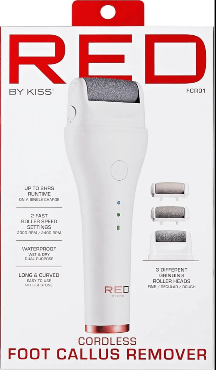 Red by Kiss Cordless Foot Callus Remover – Dual-Speed Pedicure Tool w/ 3 Rollers, Curved Head, Wet & Dry Use, 2-Hour Runtime