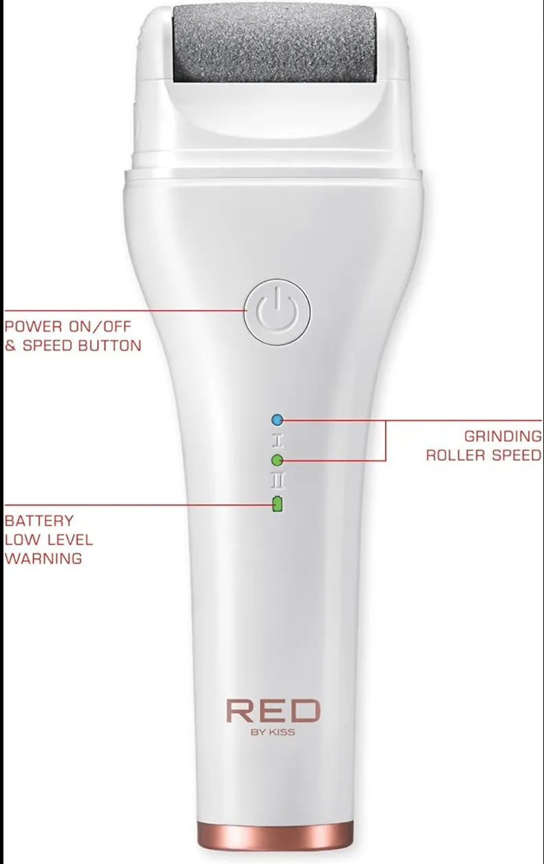 Red by Kiss Cordless Foot Callus Remover – Dual-Speed Pedicure Tool w/ 3 Rollers, Curved Head, Wet & Dry Use, 2-Hour Runtime