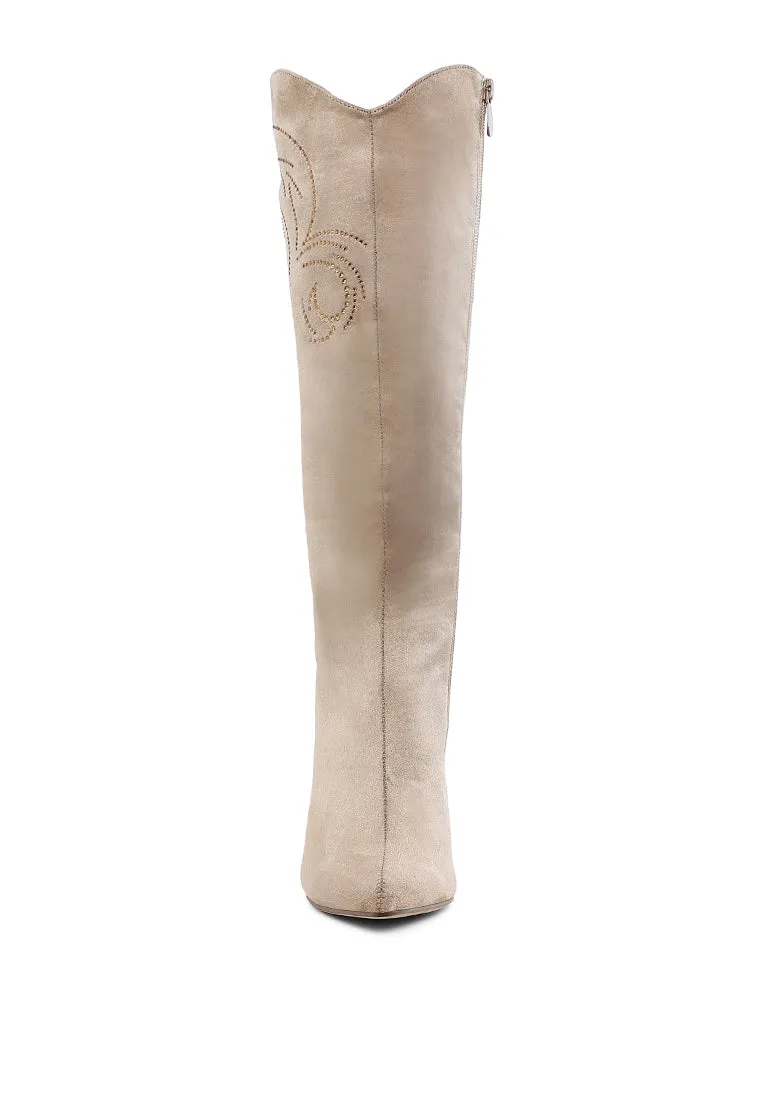 Rhinestone Patterned Calf Boots By RAG