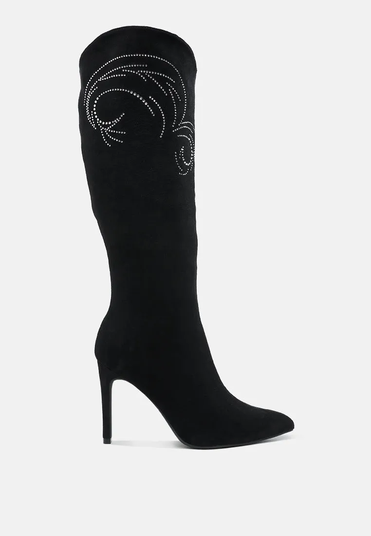 Rhinestone Patterned Calf Boots By RAG
