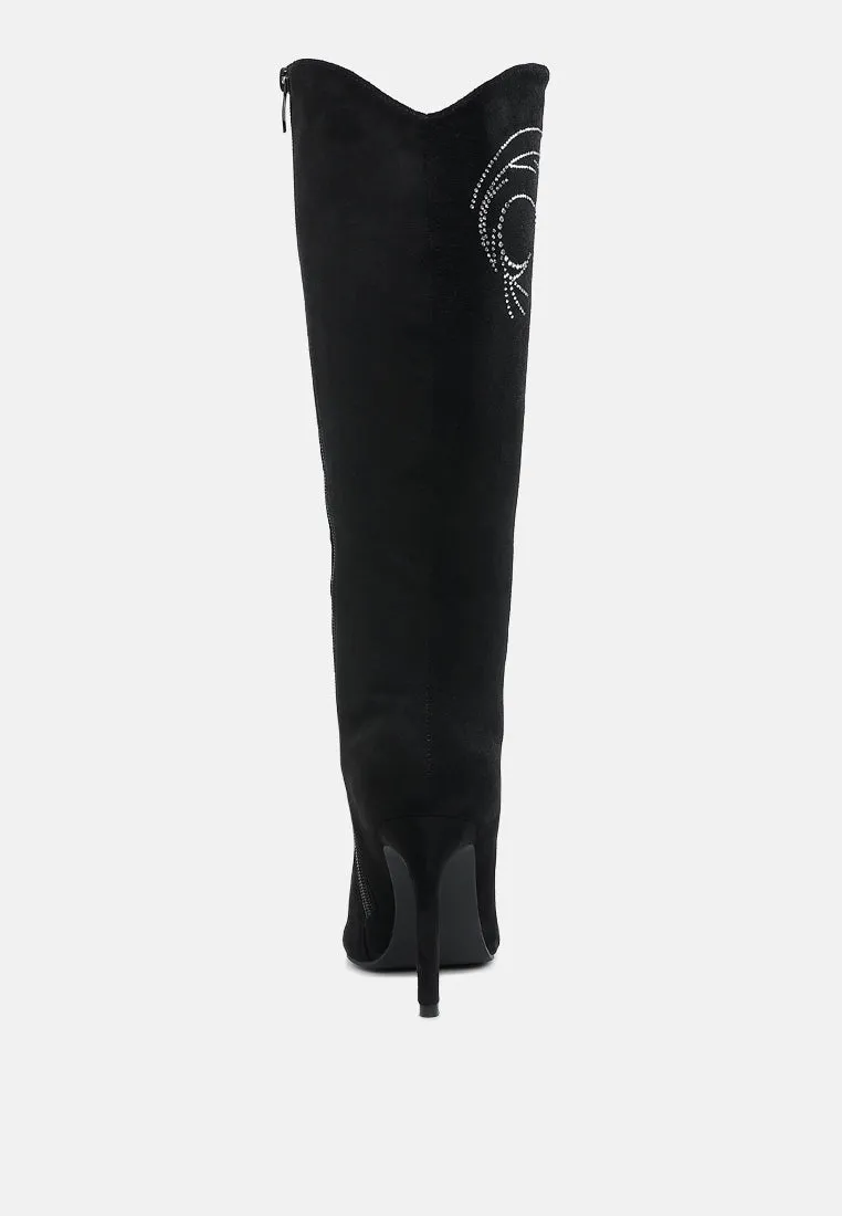 Rhinestone Patterned Calf Boots By RAG