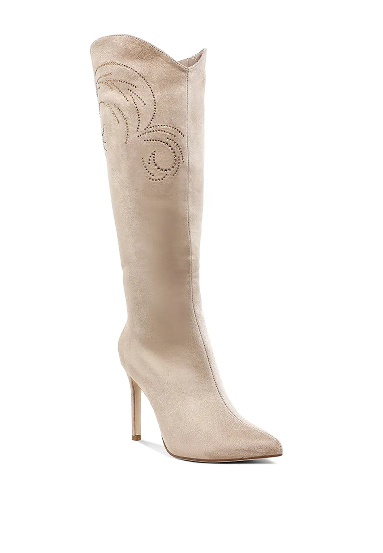 Rhinestone Patterned Calf Boots By RAG