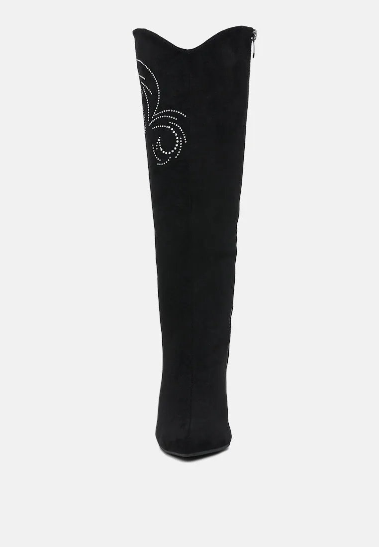 Rhinestone Patterned Calf Boots By RAG