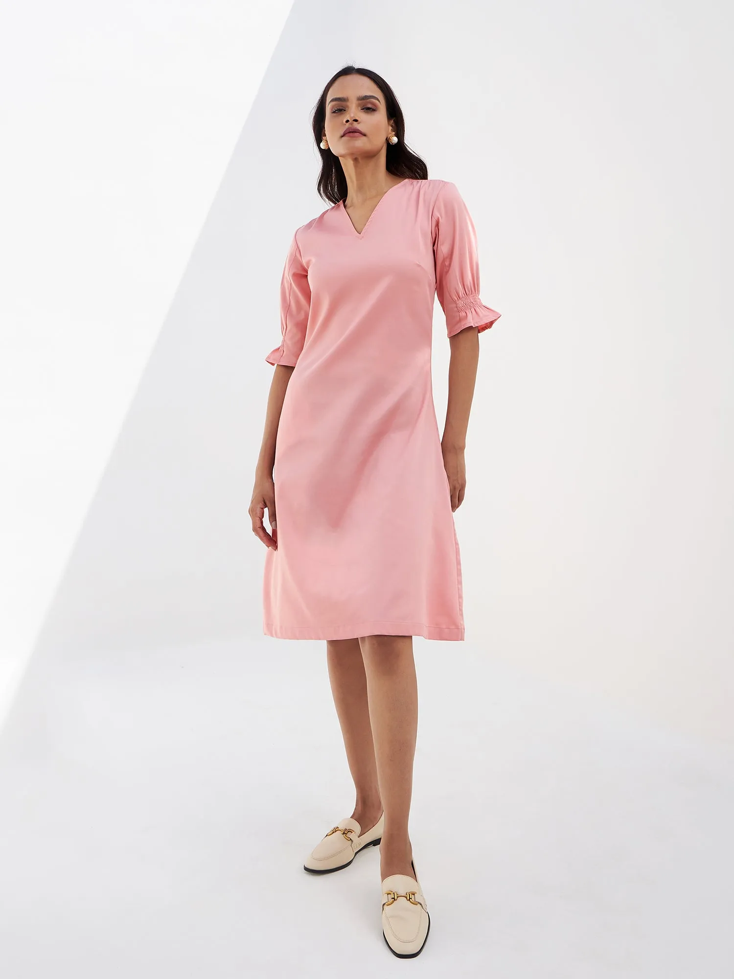 Roseate Smocked Sleeves Dress-Peach