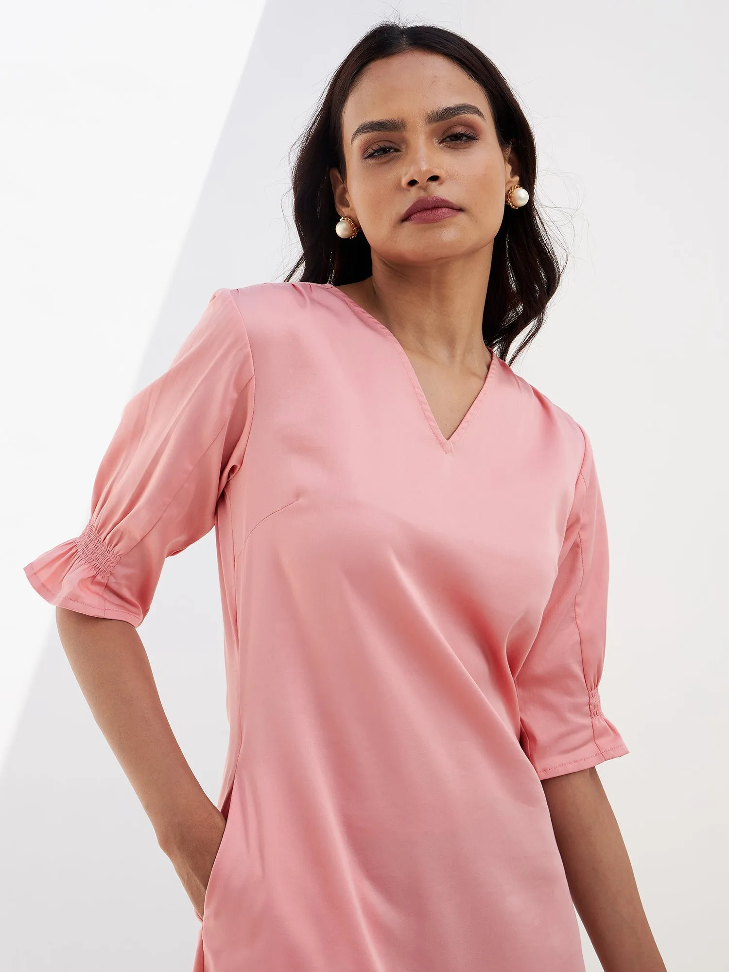 Roseate Smocked Sleeves Dress-Peach