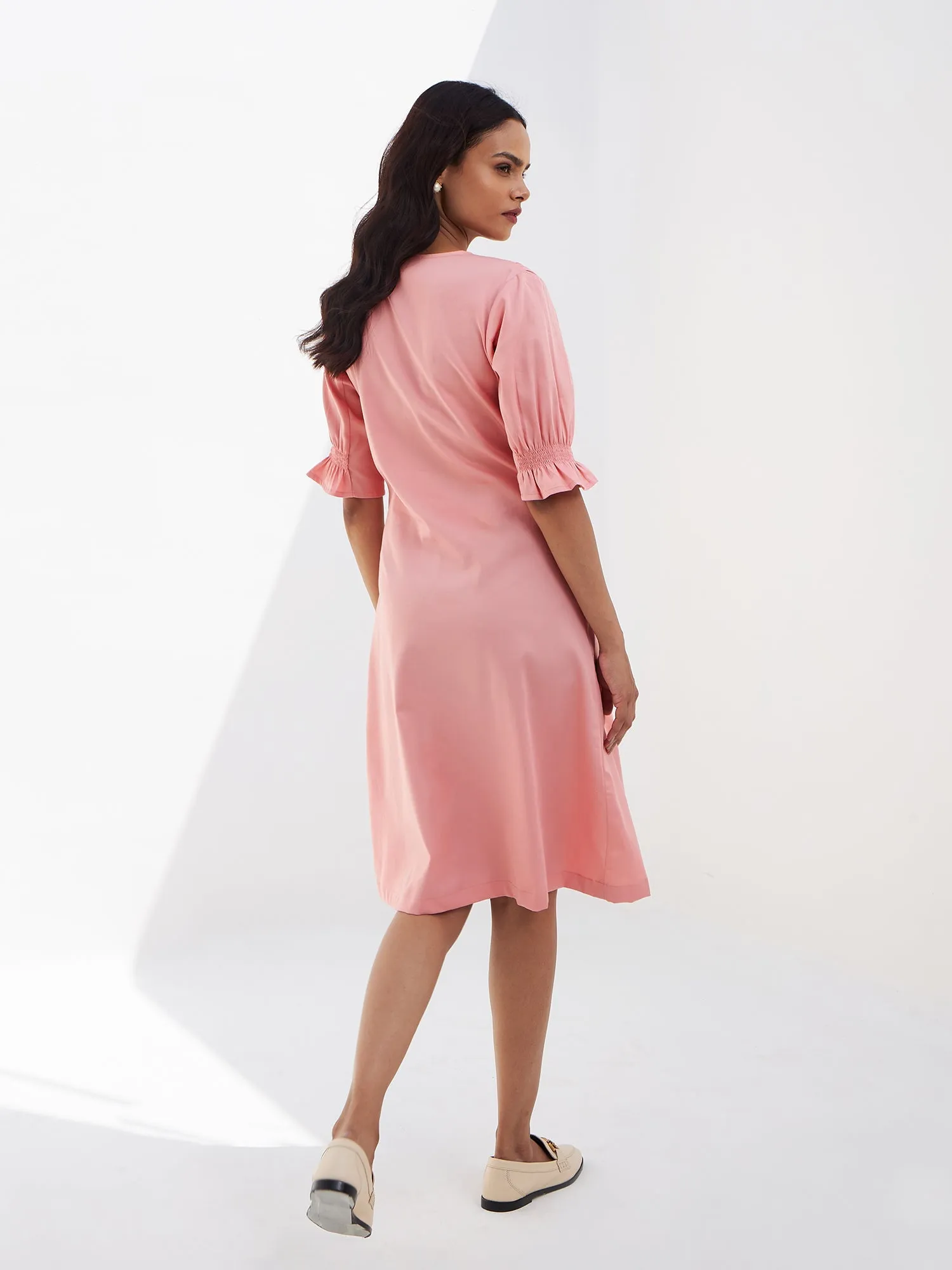 Roseate Smocked Sleeves Dress-Peach