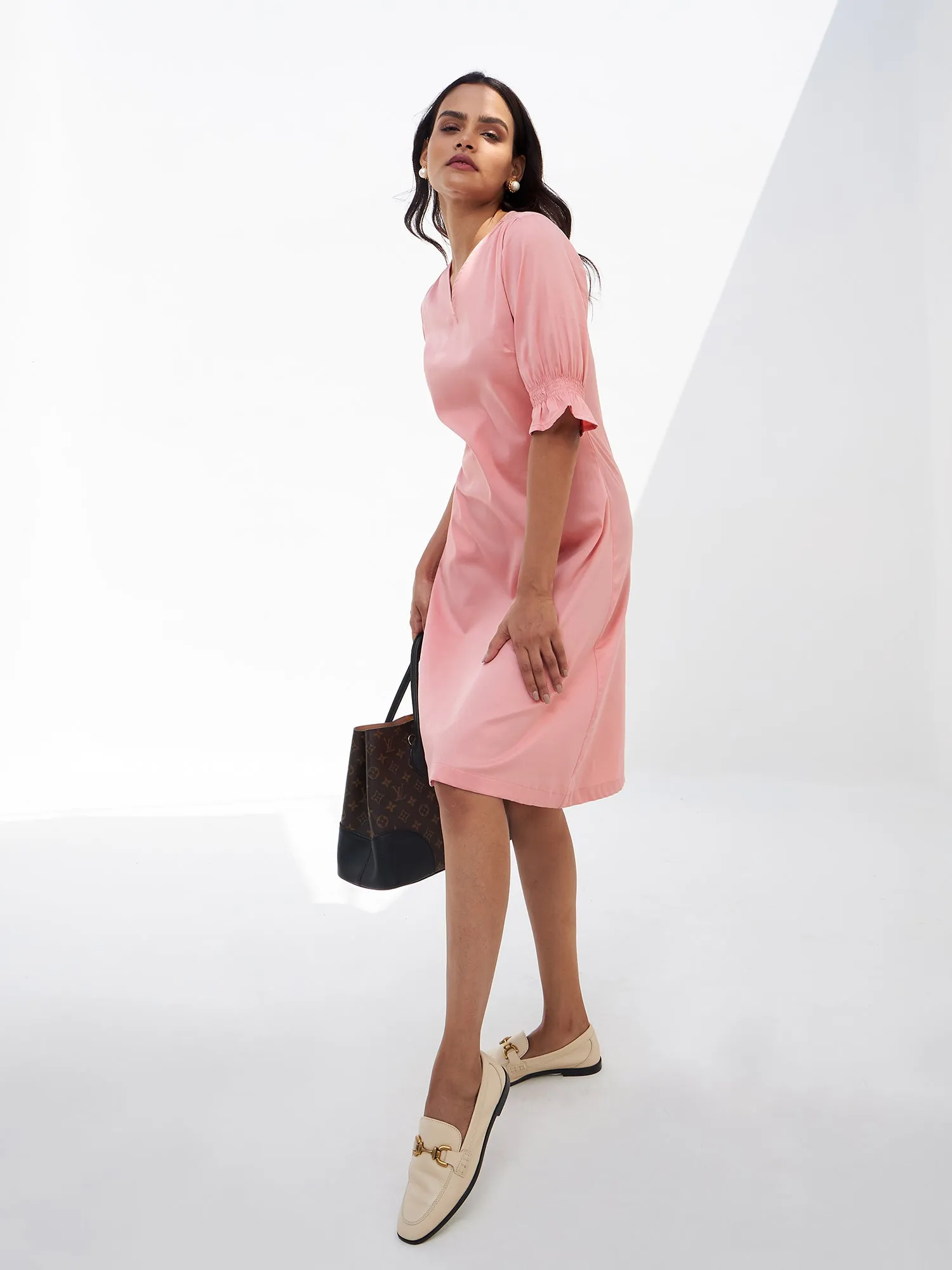 Roseate Smocked Sleeves Dress-Peach