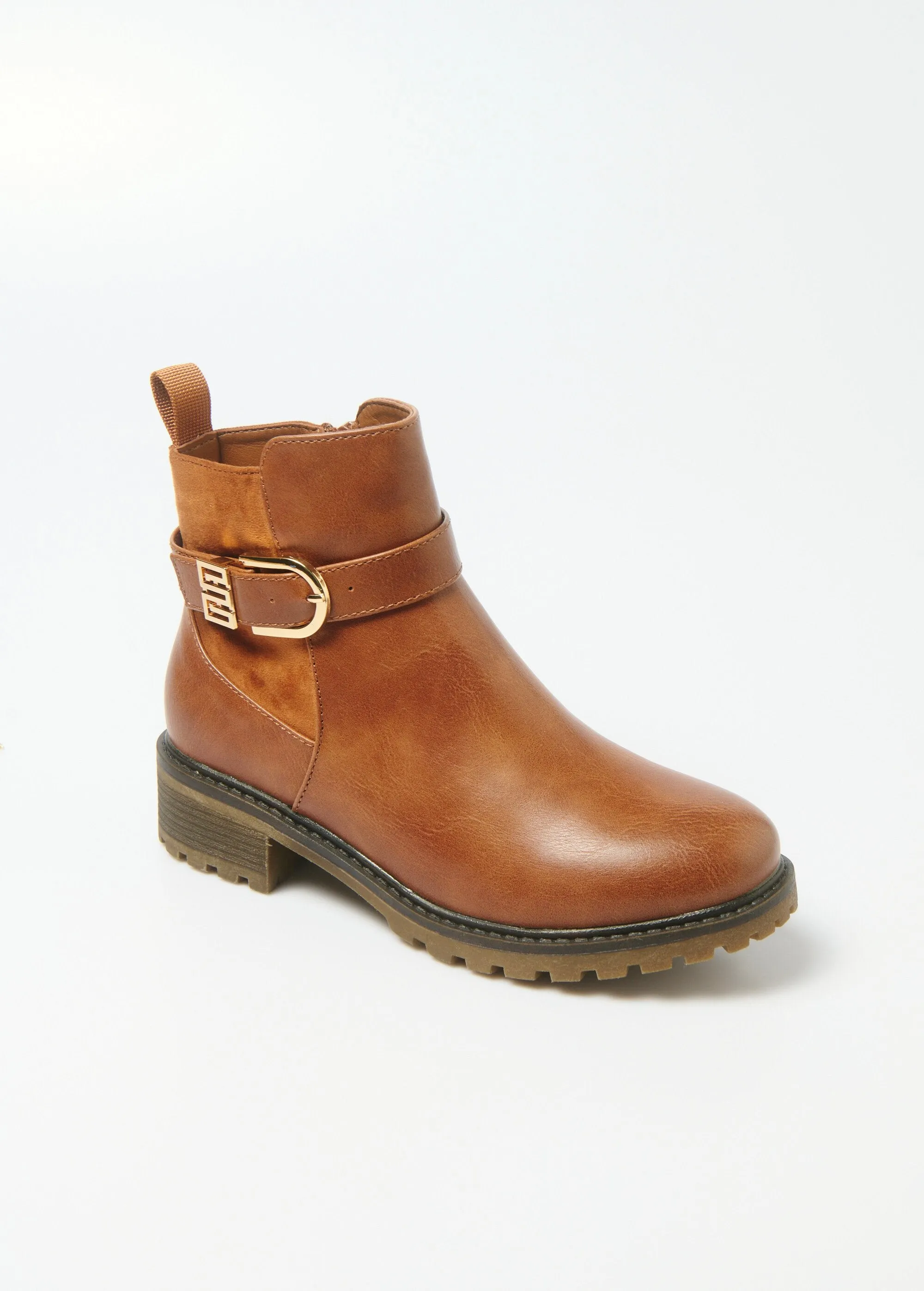 Round toe ankle strap buckle boots