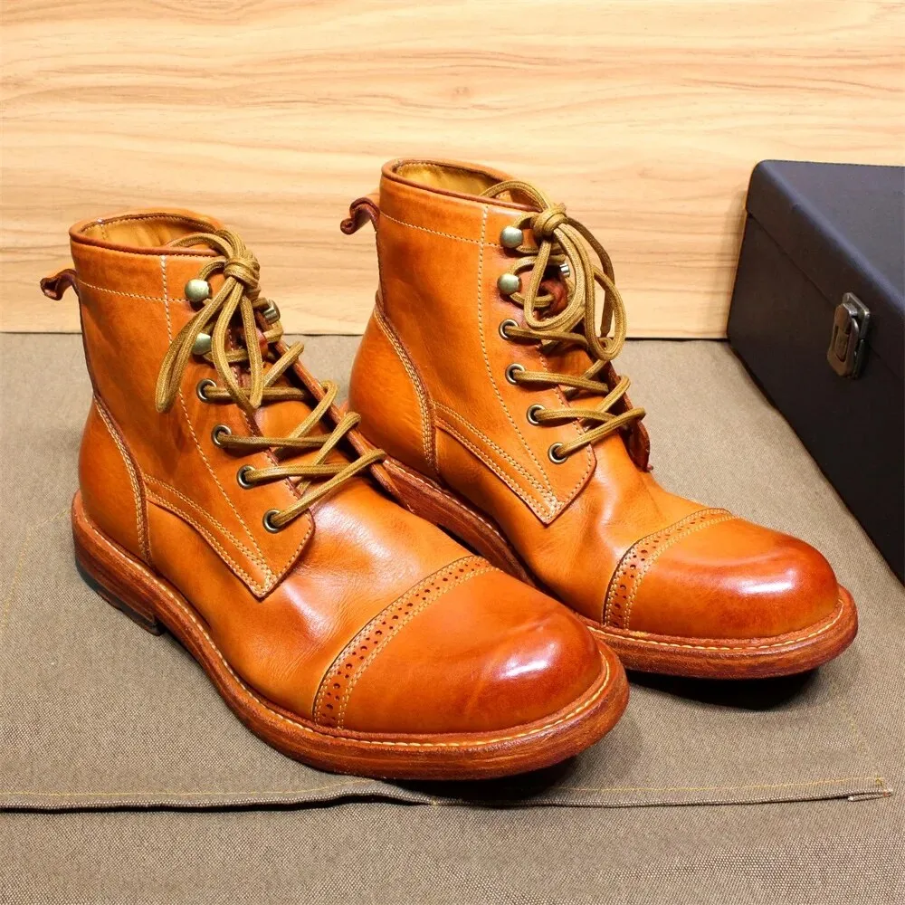 Round Toe Soft Calfskin Outdoor Shoes Winter Boots
