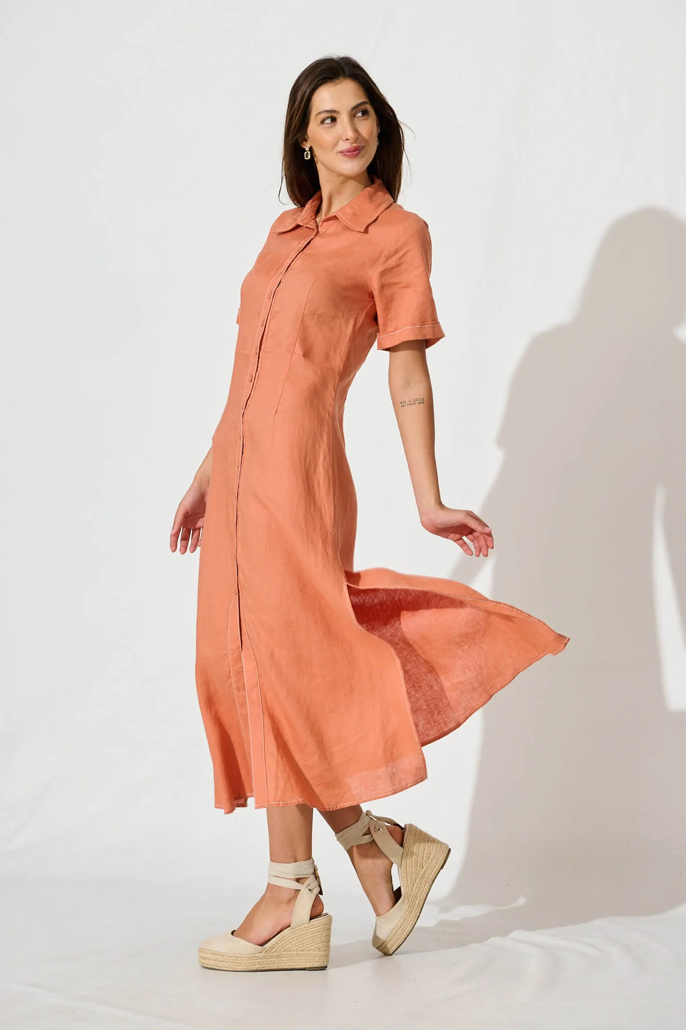 Rust Linen Maxi Shirt Dress by Christiana