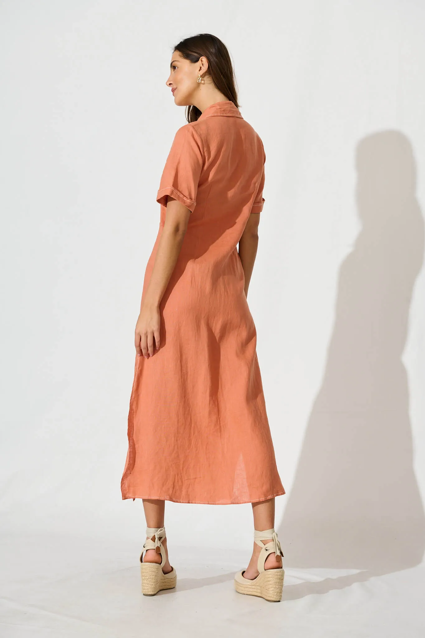 Rust Linen Maxi Shirt Dress by Christiana