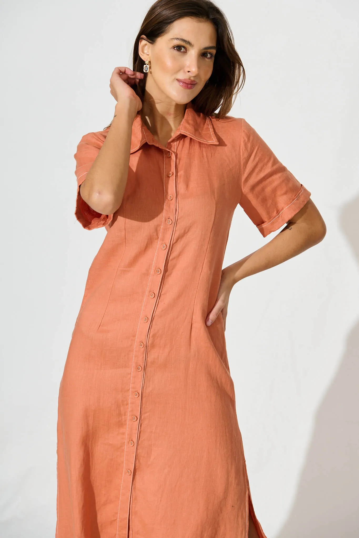 Rust Linen Maxi Shirt Dress by Christiana