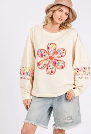 SAGE   FIG Daisy Patch Applique Long Sleeve Sweatshirt