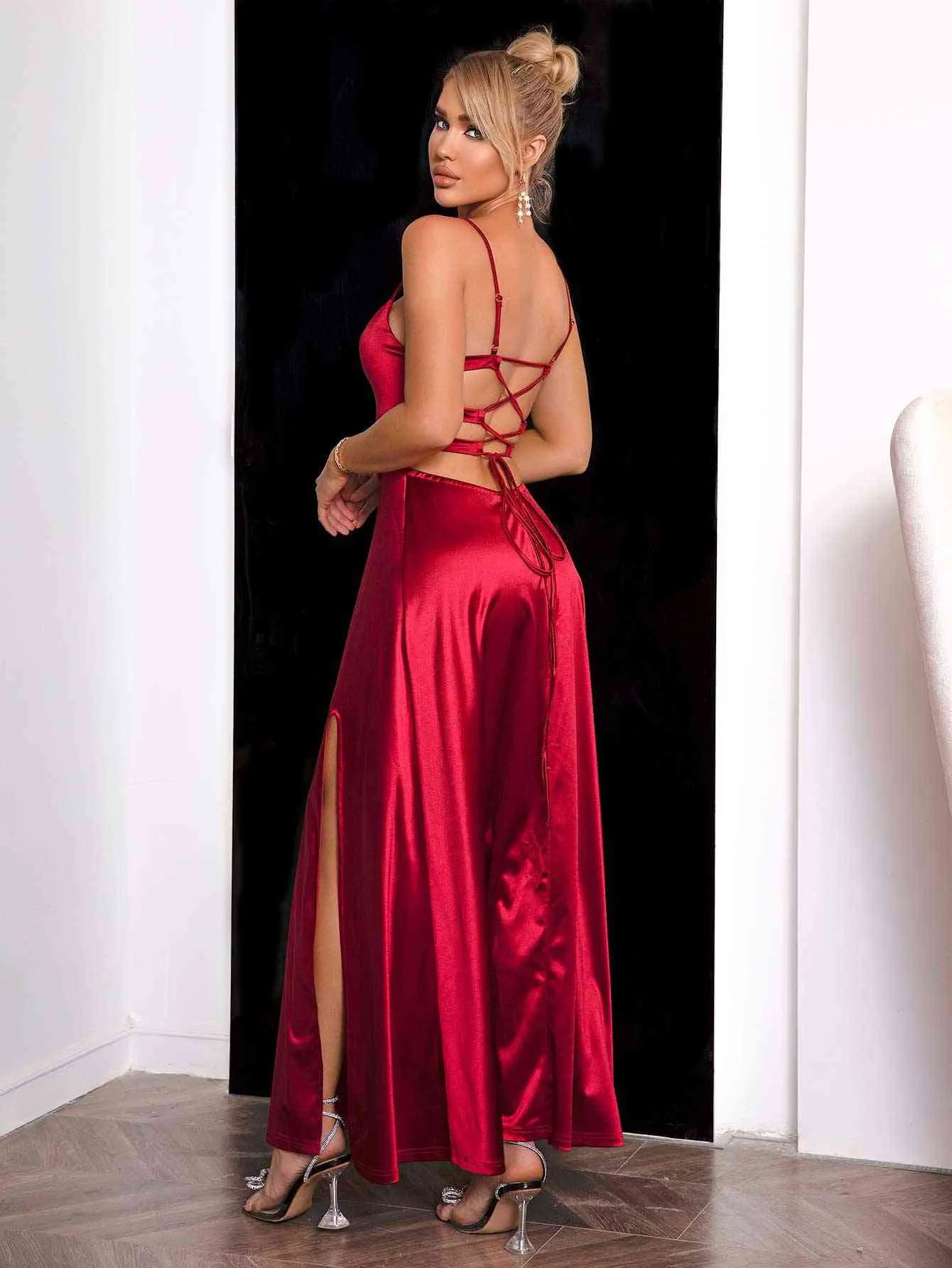 Satin Maxi Dress | Polyester | Square Neck & High Slit
