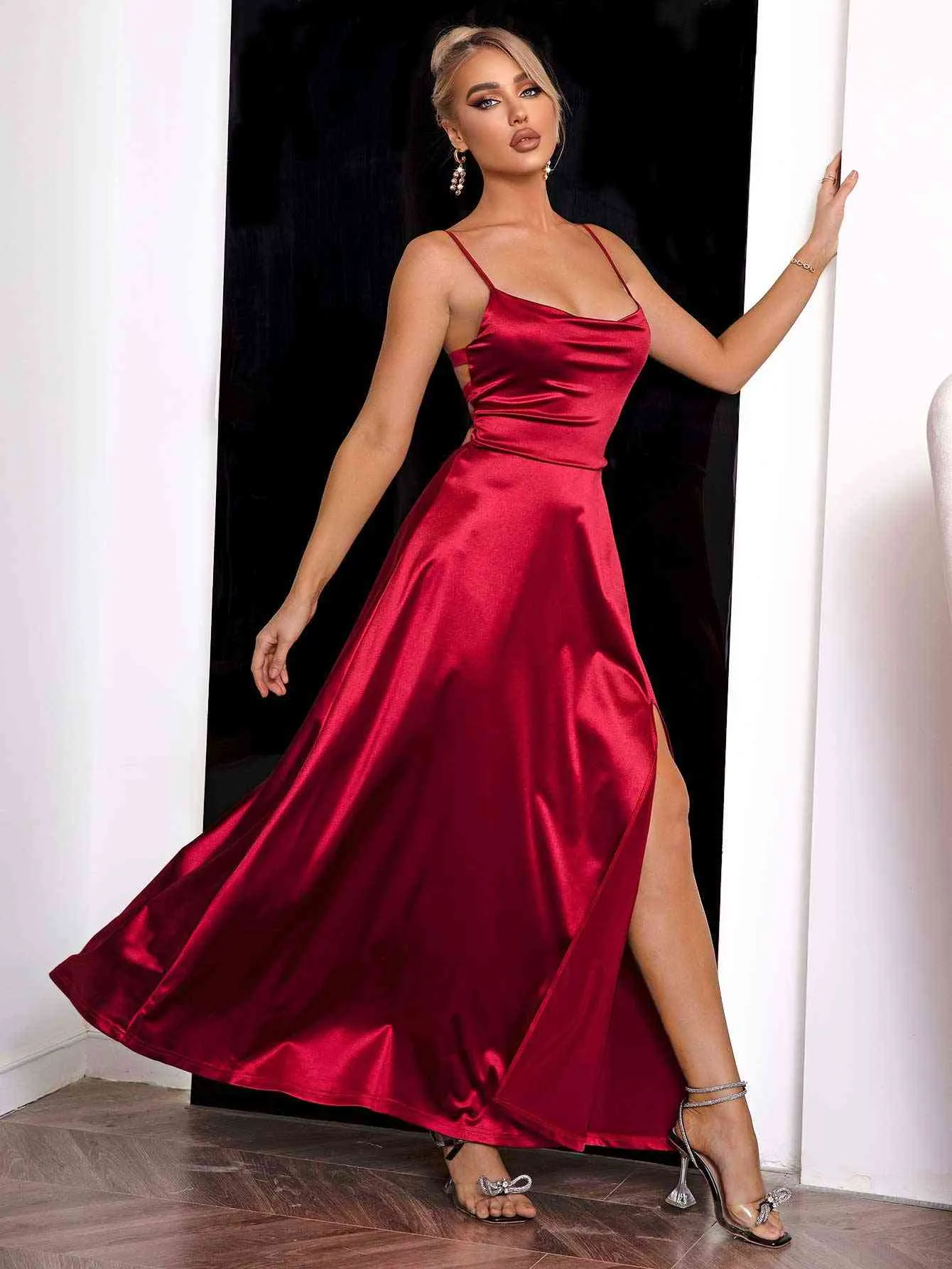 Satin Maxi Dress | Polyester | Square Neck & High Slit