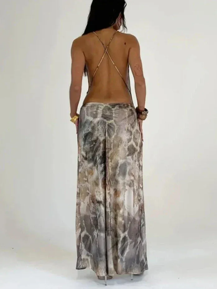 Satin Tie-Dye Maxi Dress | Plunging Neckline | Sultry & Effortless