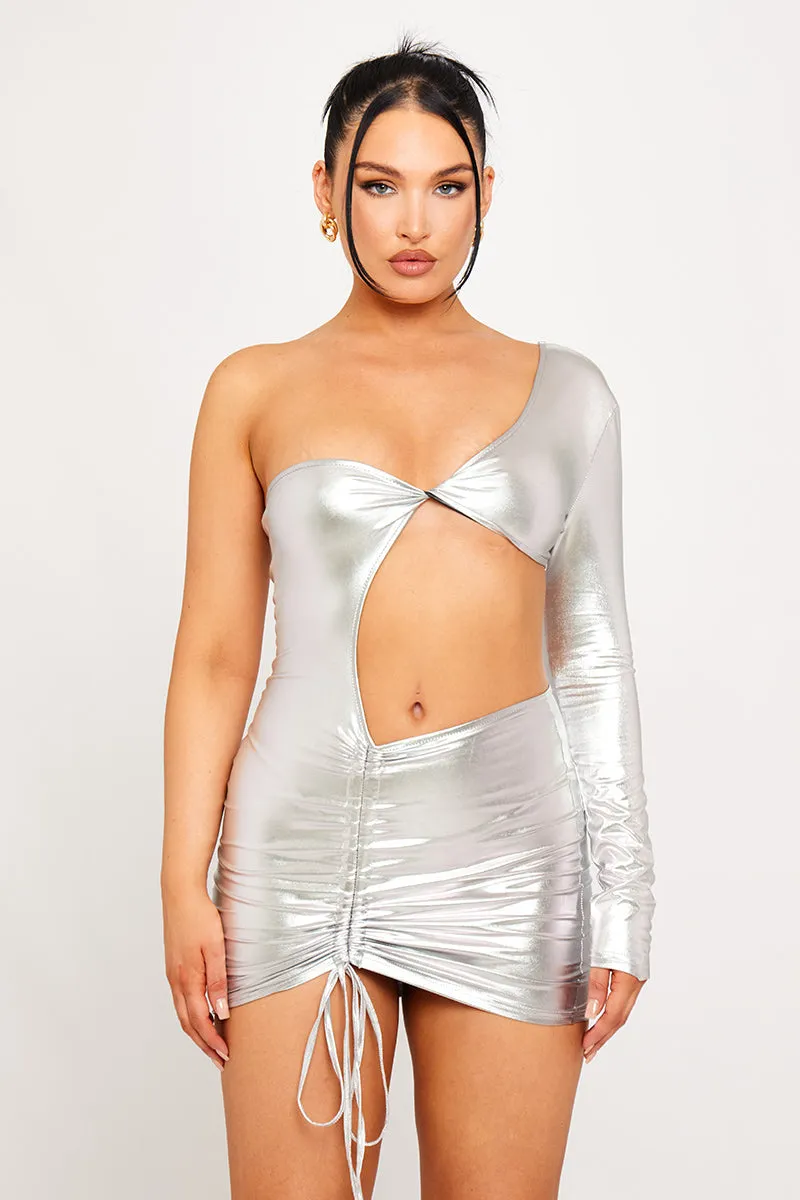 Silver Metallic One-Sleeve Cut-Out Mini Dress | Bold & Futuristic | Statement Glam