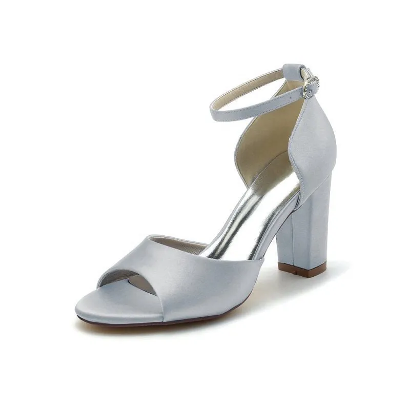 Simple Open Toe Ankle Strap Satin Chunky Heels