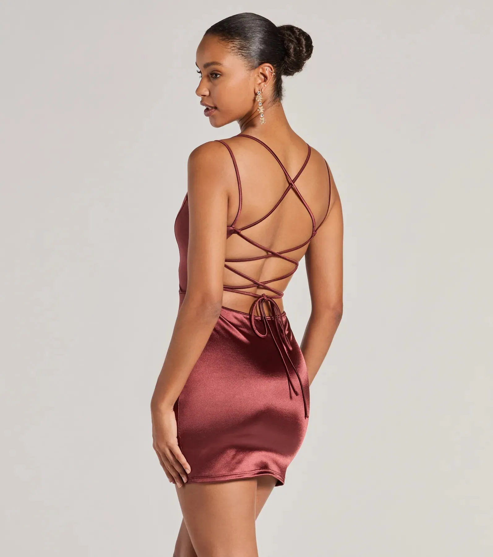 Simply A Stunner Lace-Up Bodycon Satin Mini Dress