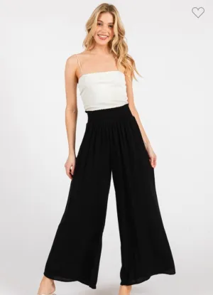 Smocked Waist Wide Leg Cropped Pant- Available In Black & Khaki