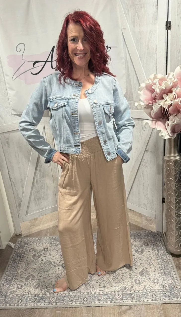 Smocked Waist Wide Leg Cropped Pant- Available In Black & Khaki