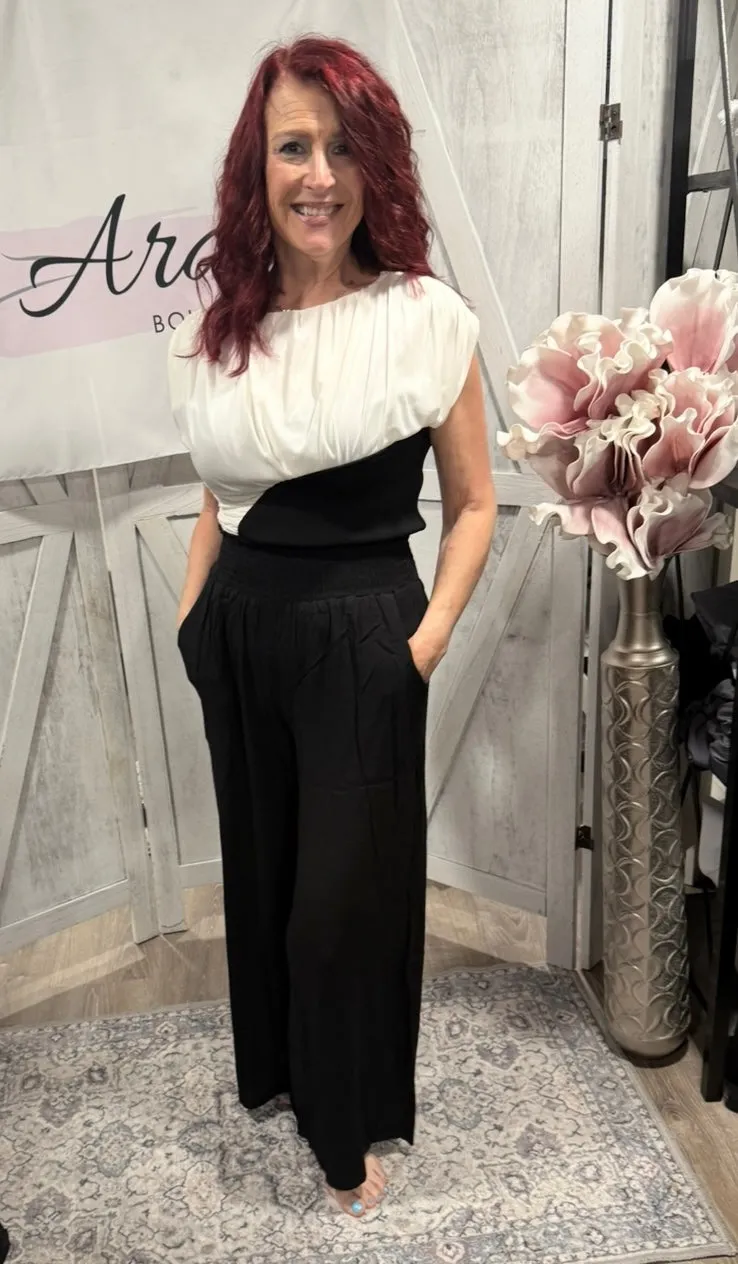 Smocked Waist Wide Leg Cropped Pant- Available In Black & Khaki