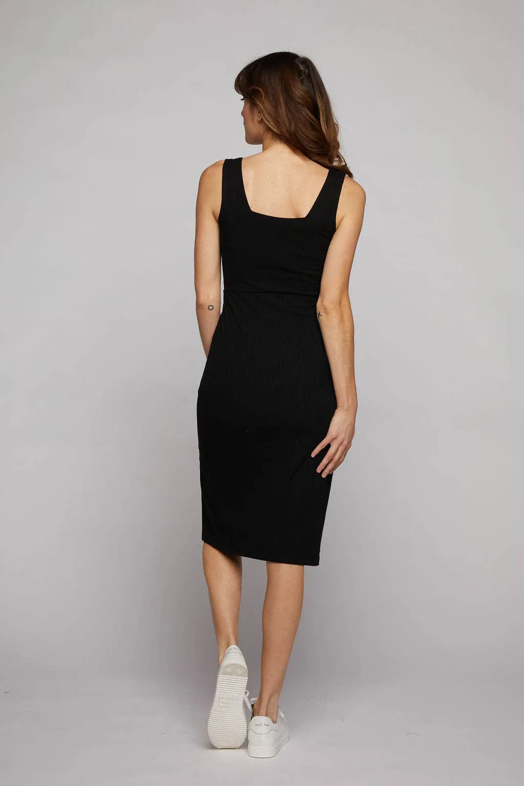 Square Neck Little Black Dress with High Slit