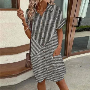 Striped Mini Dress, Megan – Gray, Short Sleeves