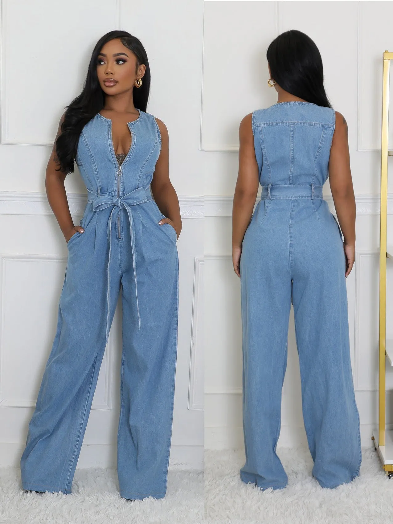 Stylish Slim Elastic Waist Straight-Leg Denim Jumpsuit for Effortless Cool