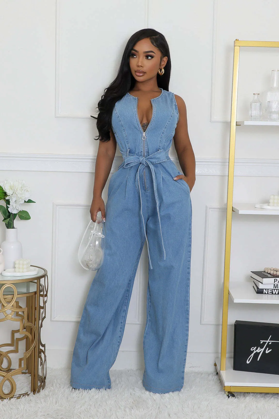 Stylish Slim Elastic Waist Straight-Leg Denim Jumpsuit for Effortless Cool