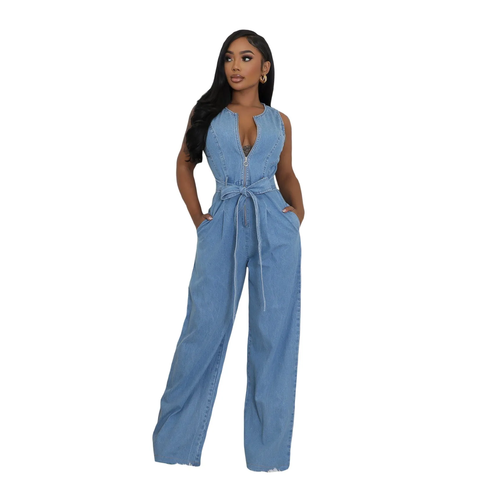 Stylish Slim Elastic Waist Straight-Leg Denim Jumpsuit for Effortless Cool