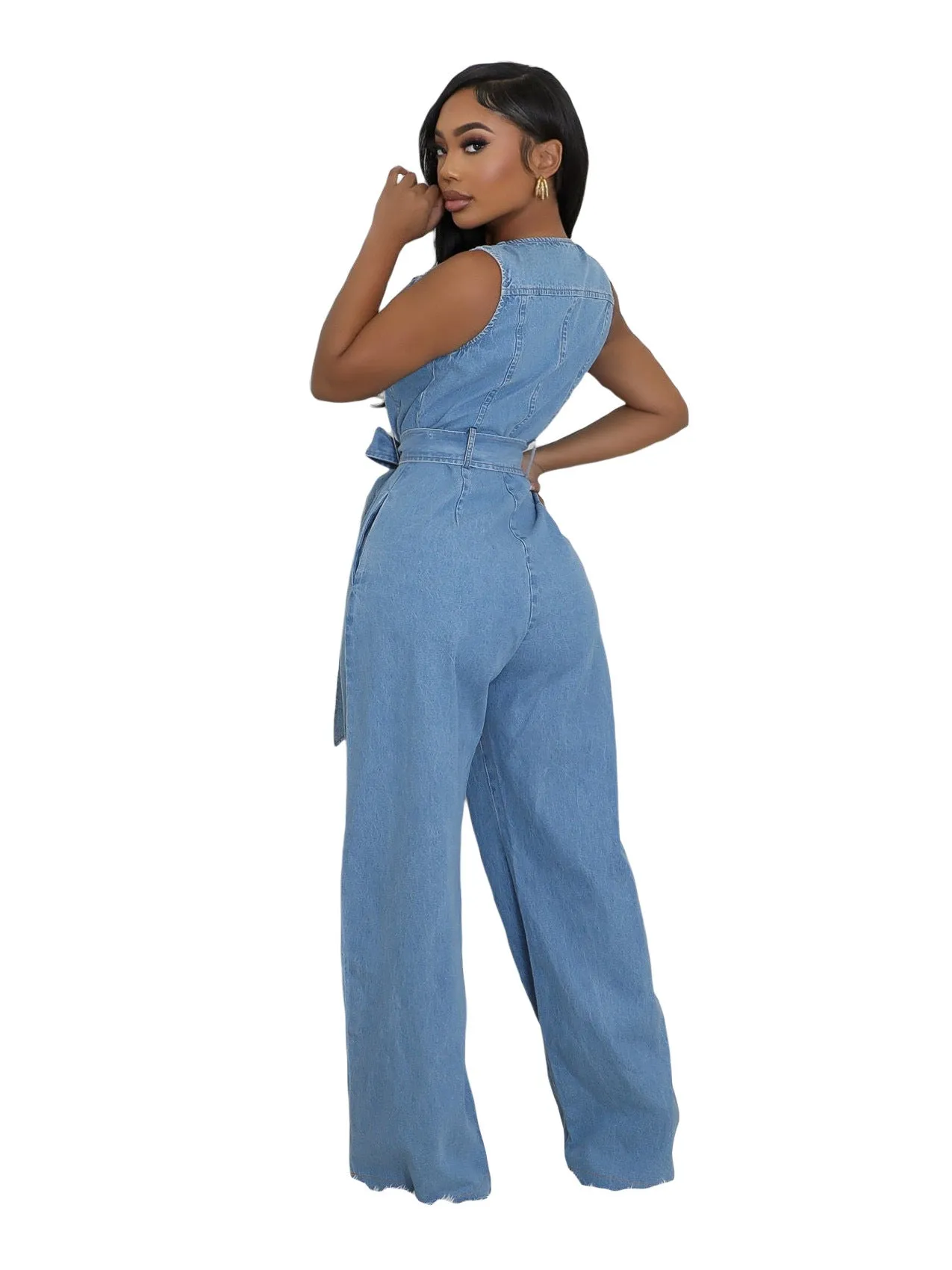Stylish Slim Elastic Waist Straight-Leg Denim Jumpsuit for Effortless Cool