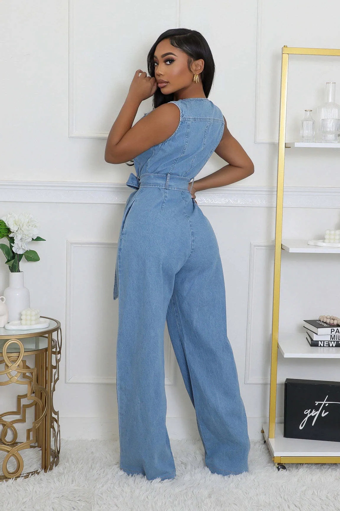 Stylish Slim Elastic Waist Straight-Leg Denim Jumpsuit for Effortless Cool