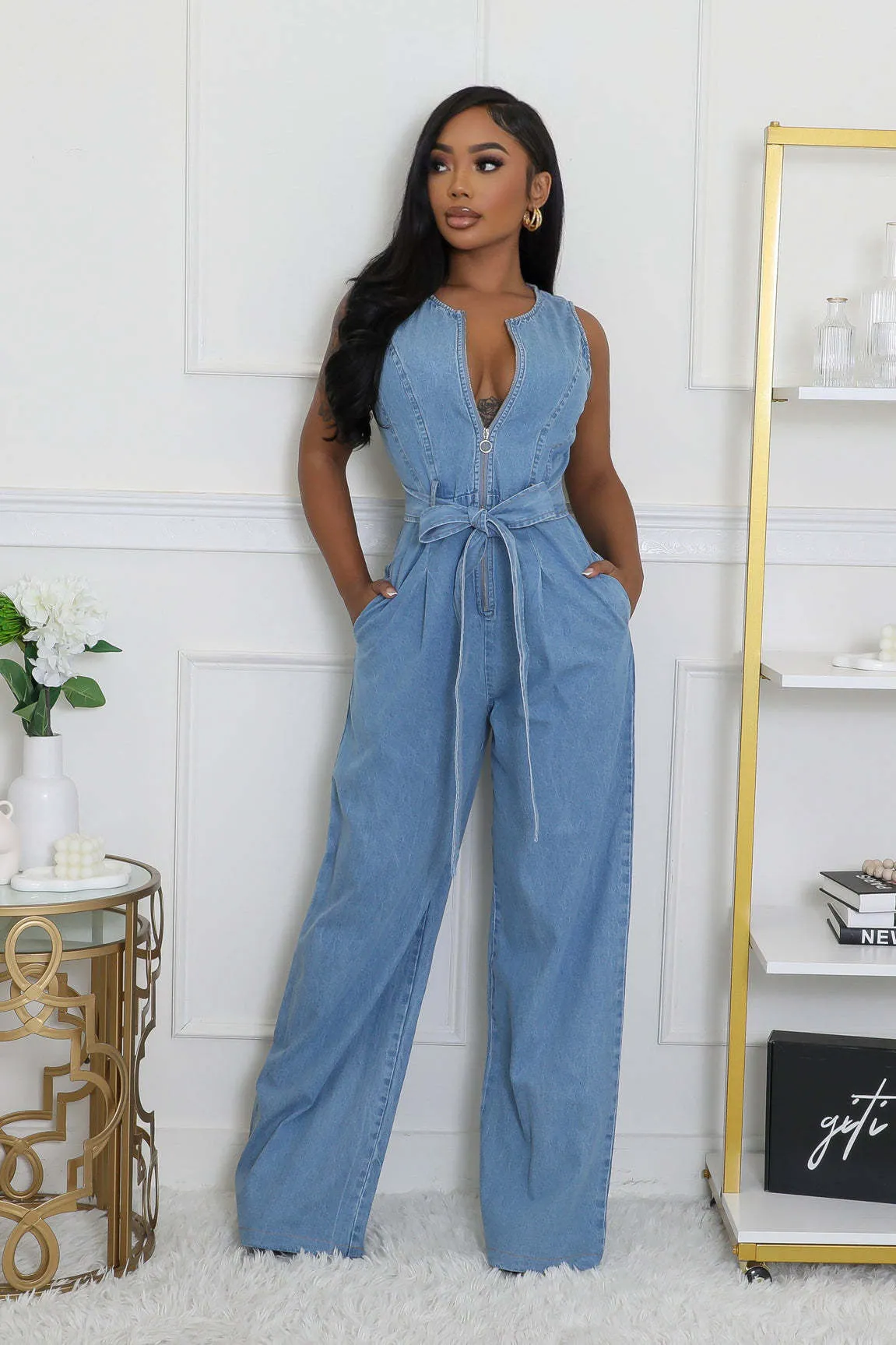 Stylish Slim Elastic Waist Straight-Leg Denim Jumpsuit for Effortless Cool