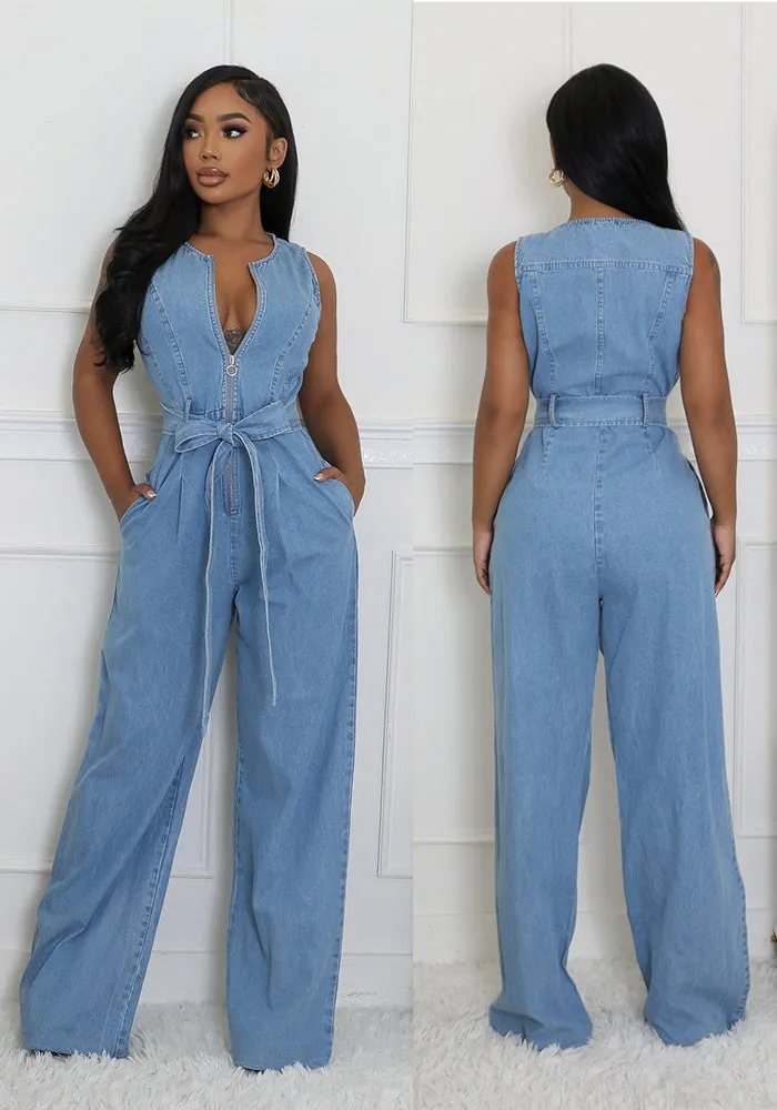 Stylish Slim Elastic Waist Straight-Leg Denim Jumpsuit for Effortless Cool