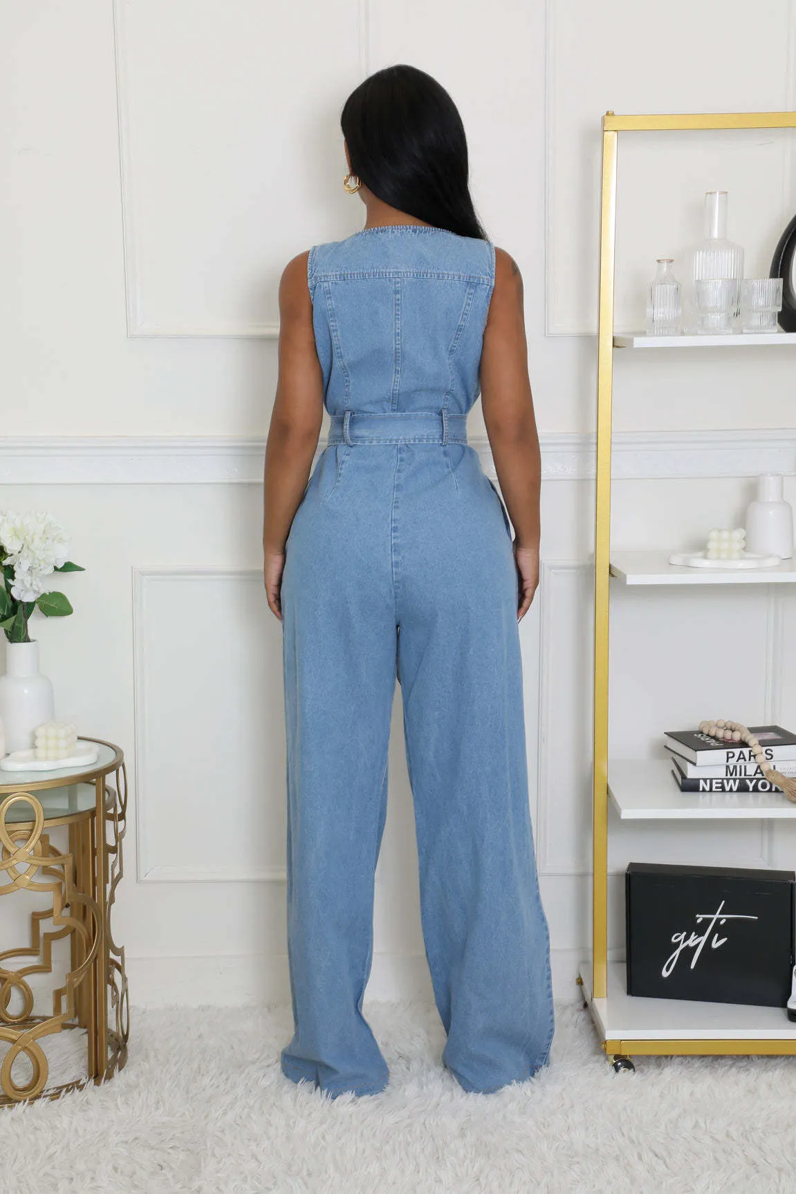 Stylish Slim Elastic Waist Straight-Leg Denim Jumpsuit for Effortless Cool