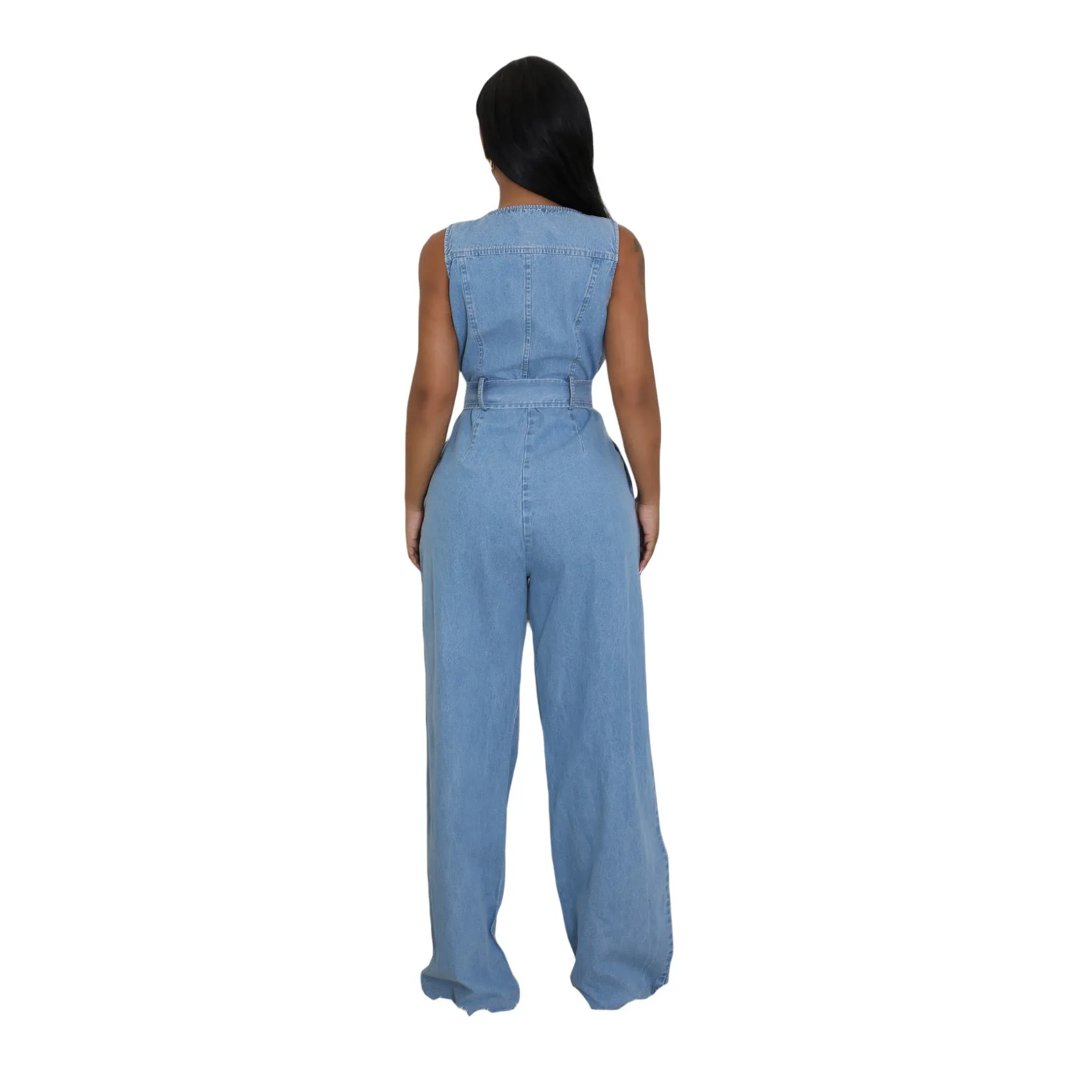 Stylish Slim Elastic Waist Straight-Leg Denim Jumpsuit for Effortless Cool
