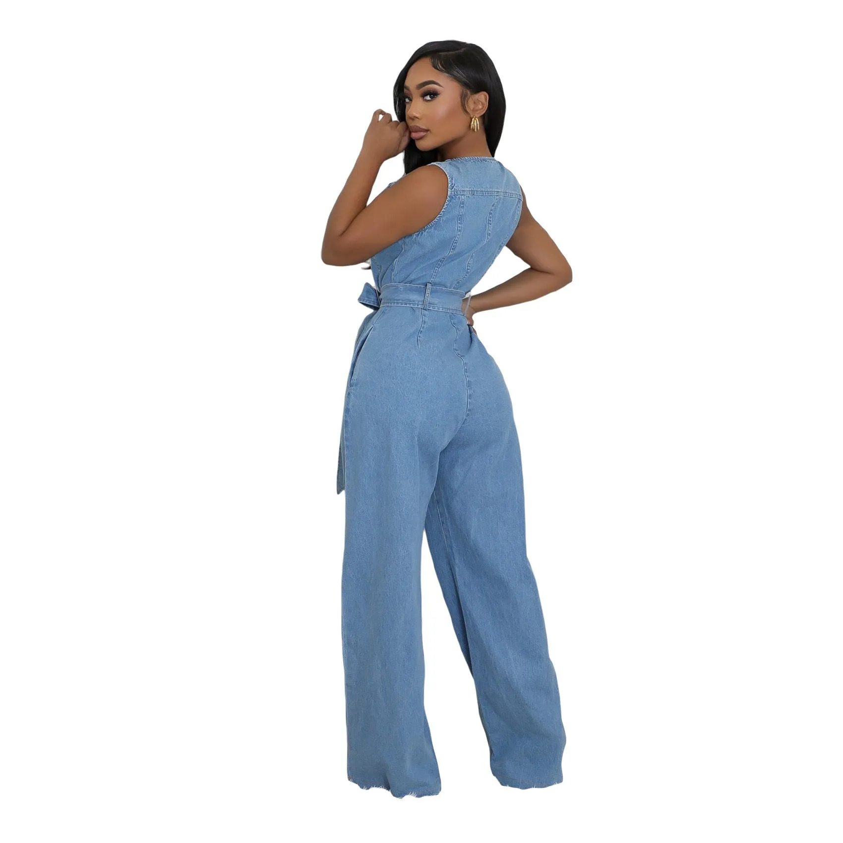 Stylish Slim Elastic Waist Straight-Leg Denim Jumpsuit for Effortless Cool