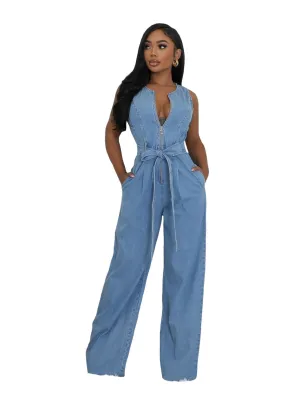 Stylish Slim Elastic Waist Straight-Leg Denim Jumpsuit for Effortless Cool